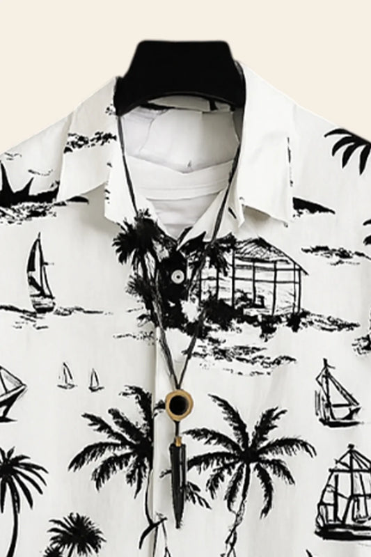 White Beach Print Shirt with Black Joggers – Premium Casual Outfit Set