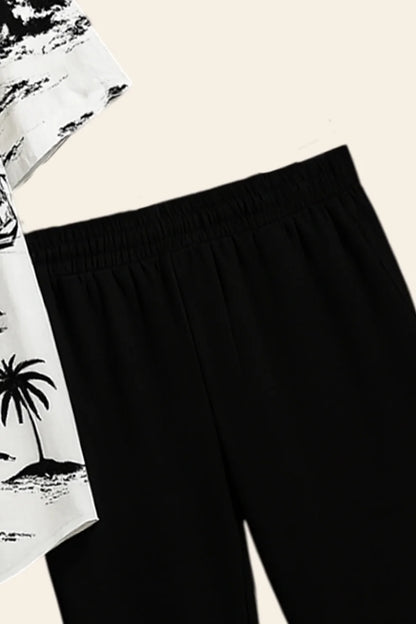 White Beach Print Shirt with Black Joggers – Premium Casual Outfit Set