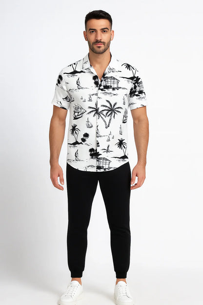 White Beach Print Shirt with Black Joggers – Premium Casual Outfit Set