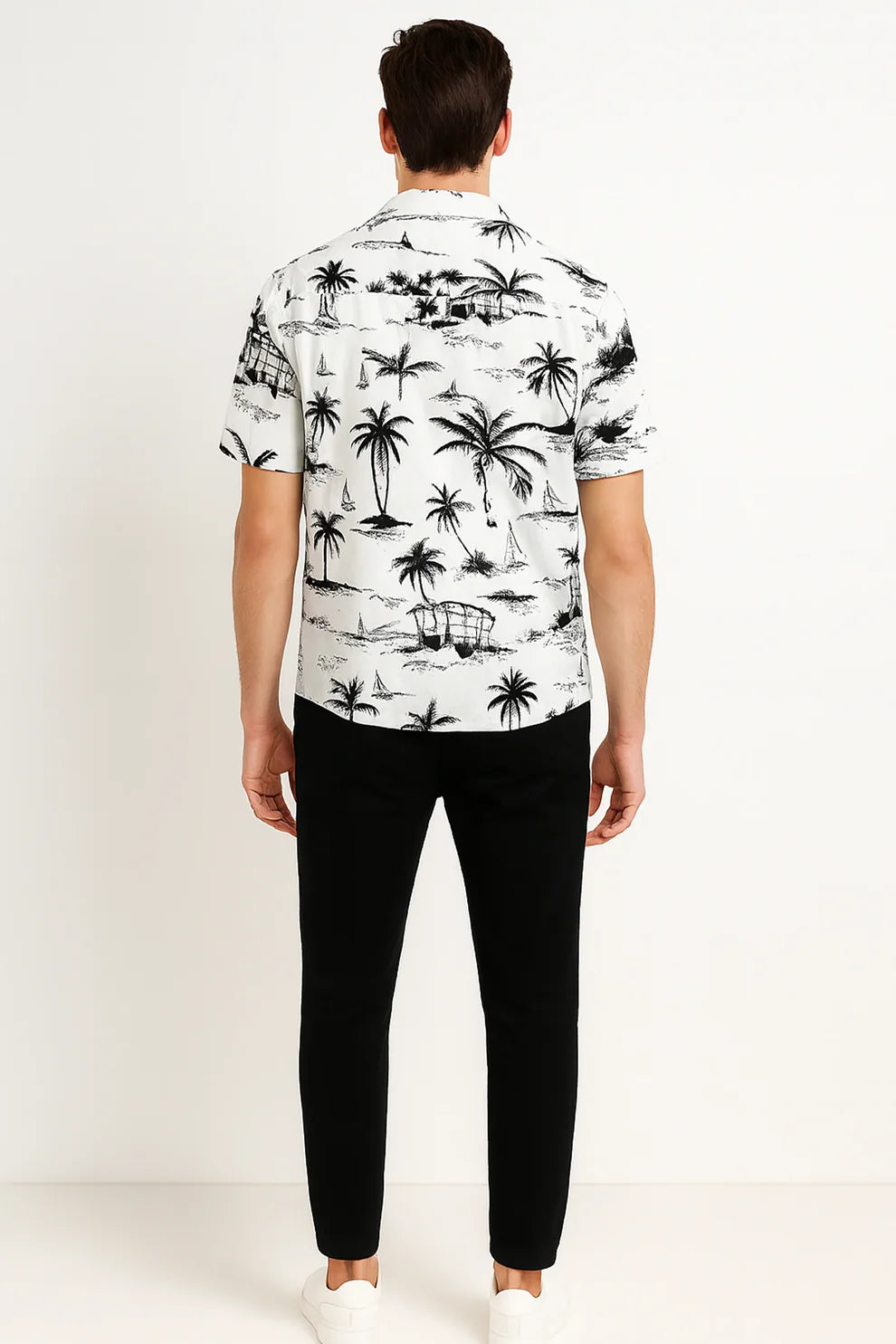 White Beach Print Shirt with Black Joggers – Premium Casual Outfit Set
