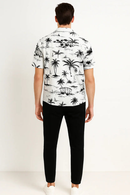 White Beach Print Shirt with Black Joggers – Premium Casual Outfit Set