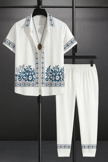 White & Blue Embroidered Border Shirt & Jogger Pants Set – Luxury Summer Co-Ord Outfit