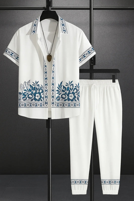 White & Blue Embroidered Border Shirt & Jogger Pants Set – Luxury Summer Co-Ord Outfit