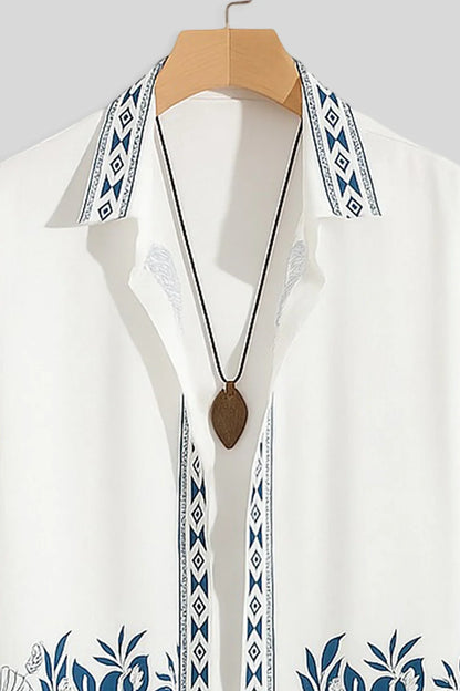 White & Blue Embroidered Border Shirt & Jogger Pants Set – Luxury Summer Co-Ord Outfit