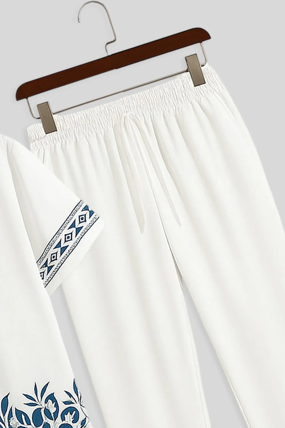 White & Blue Embroidered Border Shirt & Jogger Pants Set – Luxury Summer Co-Ord Outfit