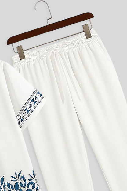 White & Blue Embroidered Border Shirt & Jogger Pants Set – Luxury Summer Co-Ord Outfit