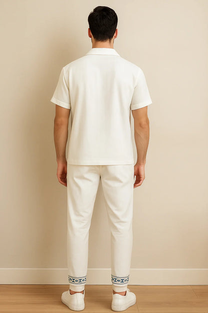 White & Blue Embroidered Border Shirt & Jogger Pants Set – Luxury Summer Co-Ord Outfit