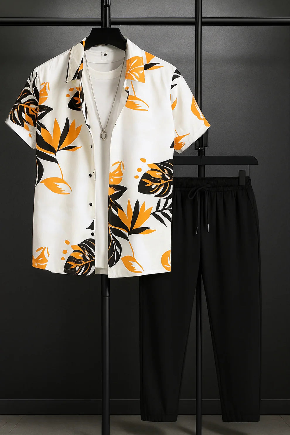 Premium Tropical Leaf Printed Shirt with White T-Shirt & Black Joggers – Casual Summer Outfit Set