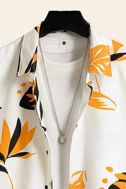 Premium Tropical Leaf Printed Shirt with White T-Shirt & Black Joggers – Casual Summer Outfit Set