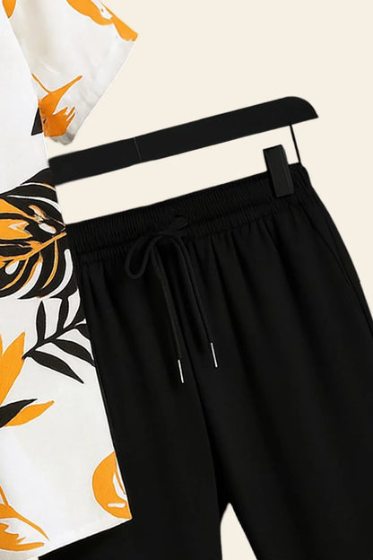 Premium Tropical Leaf Printed Shirt with White T-Shirt & Black Joggers – Casual Summer Outfit Set