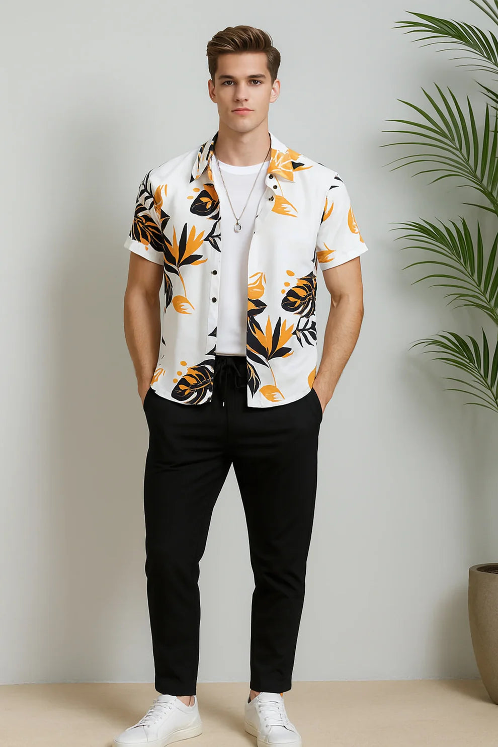 Premium Tropical Leaf Printed Shirt with White T-Shirt & Black Joggers – Casual Summer Outfit Set