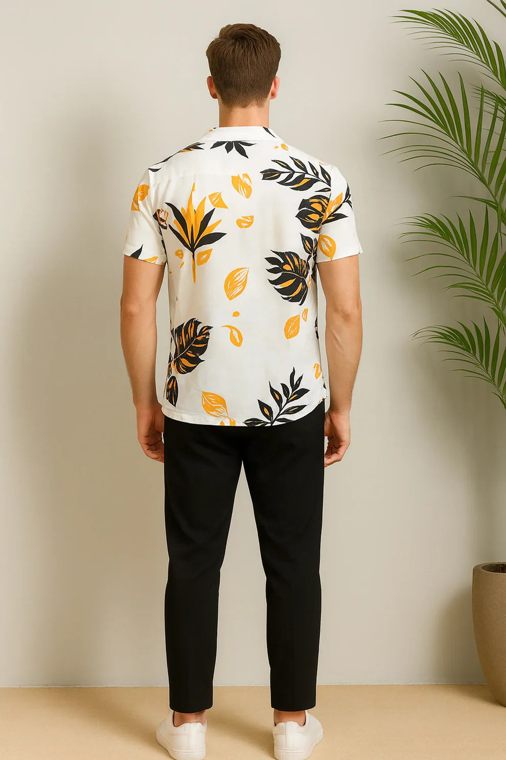 Premium Tropical Leaf Printed Shirt with White T-Shirt & Black Joggers – Casual Summer Outfit Set