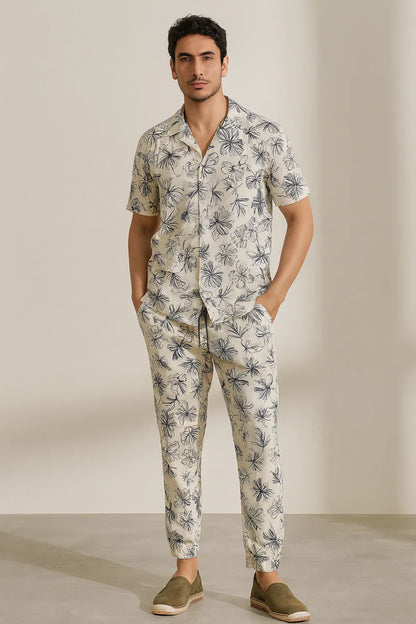 Cream Floral Print Shirt & Matching Pants – Premium Casual Co-Ord Set