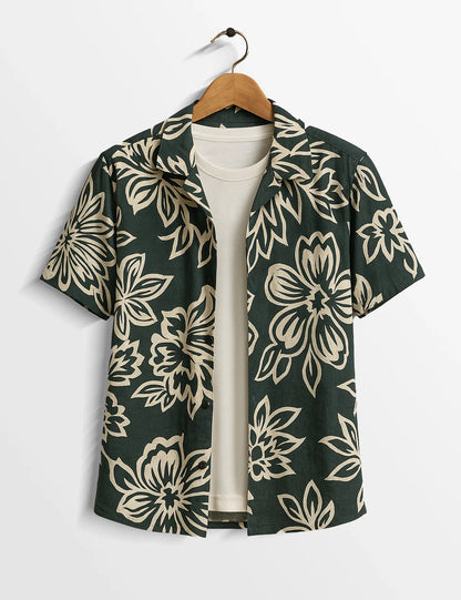 Dark Green Floral Short Sleeve Shirt – Vintage Botanical Button-Down Casual Shirt