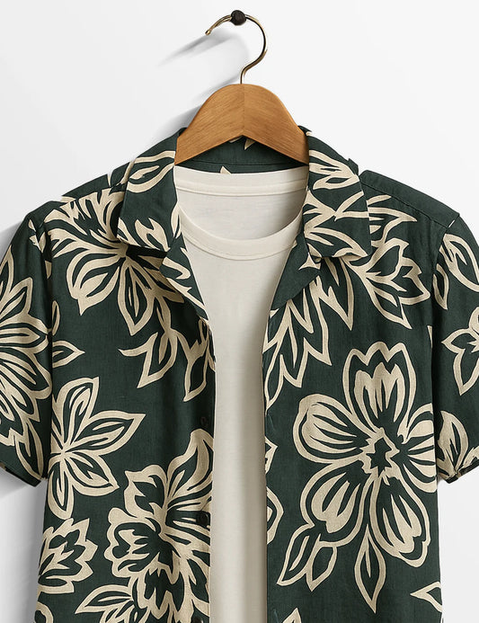 Dark Green Floral Short Sleeve Shirt – Vintage Botanical Button-Down Casual Shirt