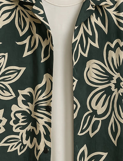 Dark Green Floral Short Sleeve Shirt – Vintage Botanical Button-Down Casual Shirt