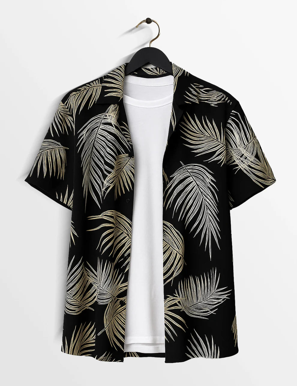 Black Leaf Print Short Sleeve Shirt – Gold Botanical Button-Down Casual Shirt