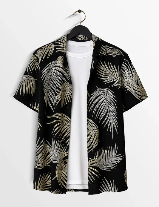 Black Leaf Print Short Sleeve Shirt – Gold Botanical Button-Down Casual Shirt