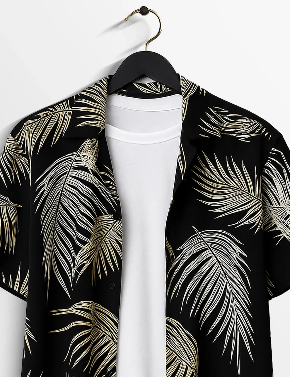 Black Leaf Print Short Sleeve Shirt – Gold Botanical Button-Down Casual Shirt