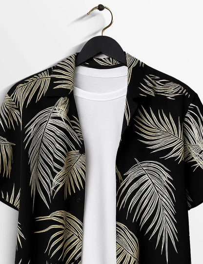 Black Leaf Print Short Sleeve Shirt – Gold Botanical Button-Down Casual Shirt