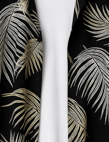 Black Leaf Print Short Sleeve Shirt – Gold Botanical Button-Down Casual Shirt