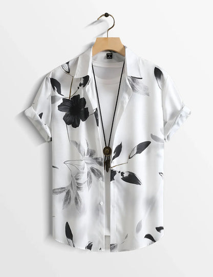 Black & White Floral Short Sleeve Shirt – Minimalist Button-Down Casual Shirt