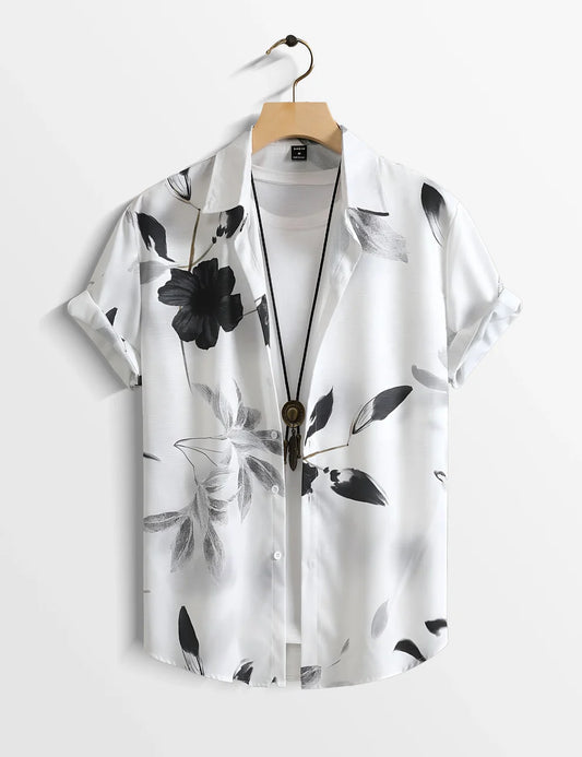 Black & White Floral Short Sleeve Shirt – Minimalist Button-Down Casual Shirt