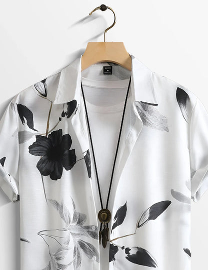 Black & White Floral Short Sleeve Shirt – Minimalist Button-Down Casual Shirt