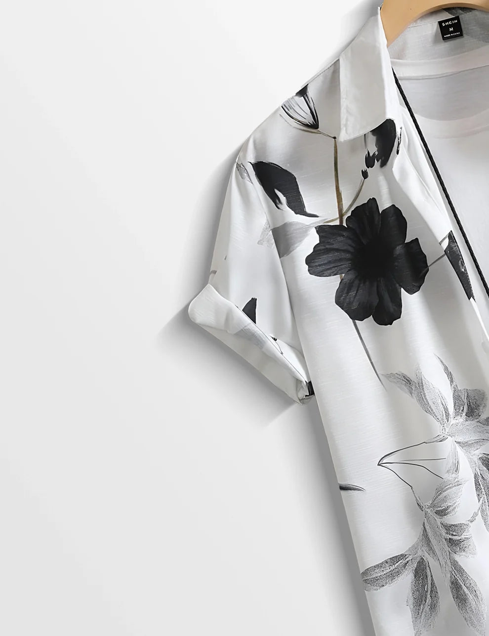 Black & White Floral Short Sleeve Shirt – Minimalist Button-Down Casual Shirt