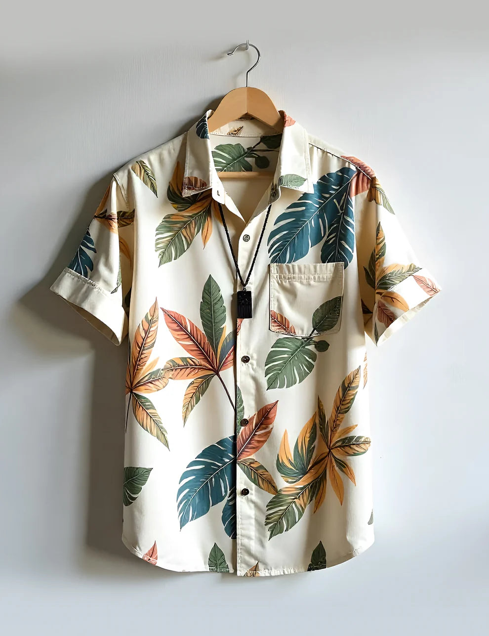 Cream Tropical Leaf Print Short Sleeve Shirt – Casual Button-Down Summer Shirt