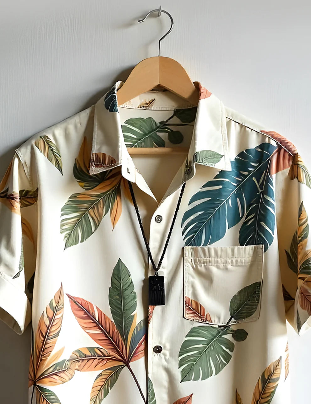 Cream Tropical Leaf Print Short Sleeve Shirt – Casual Button-Down Summer Shirt