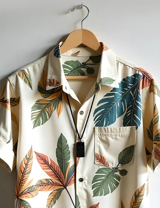 Cream Tropical Leaf Print Short Sleeve Shirt – Casual Button-Down Summer Shirt