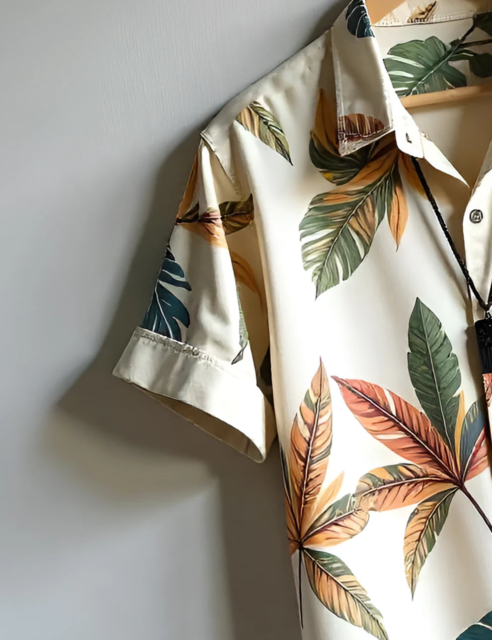 Cream Tropical Leaf Print Short Sleeve Shirt – Casual Button-Down Summer Shirt