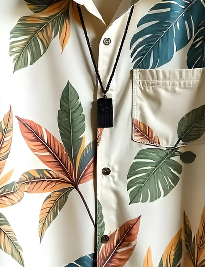 Cream Tropical Leaf Print Short Sleeve Shirt – Casual Button-Down Summer Shirt