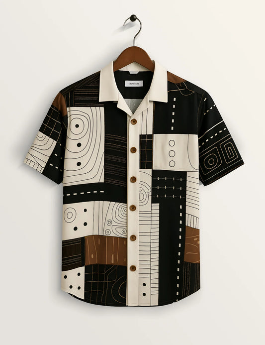 Abstract Patchwork Short Sleeve Button-Down Shirt – Modern Geometric Print Casual Shirt