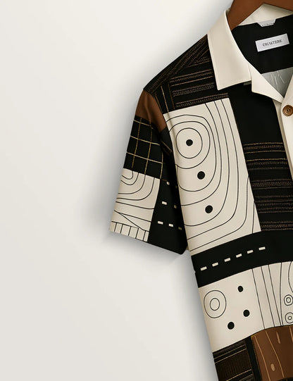 Abstract Patchwork Short Sleeve Button-Down Shirt – Modern Geometric Print Casual Shirt