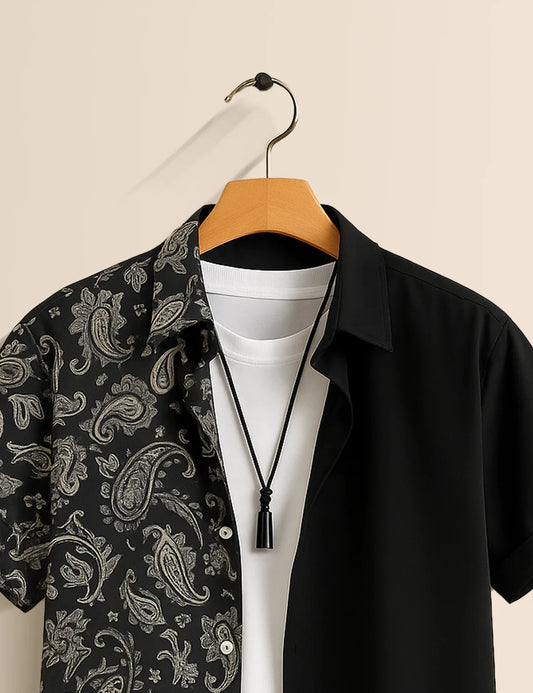 Premium Paisley Patchwork Shirt – Black Designer Casual Wear