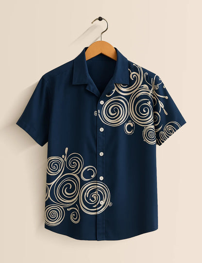 Premium Abstract Swirl Printed Shirt – Navy Blue Designer Casual Wear