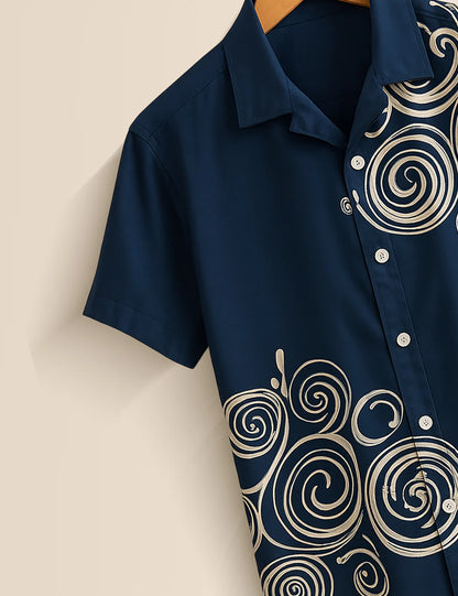 Premium Abstract Swirl Printed Shirt – Navy Blue Designer Casual Wear