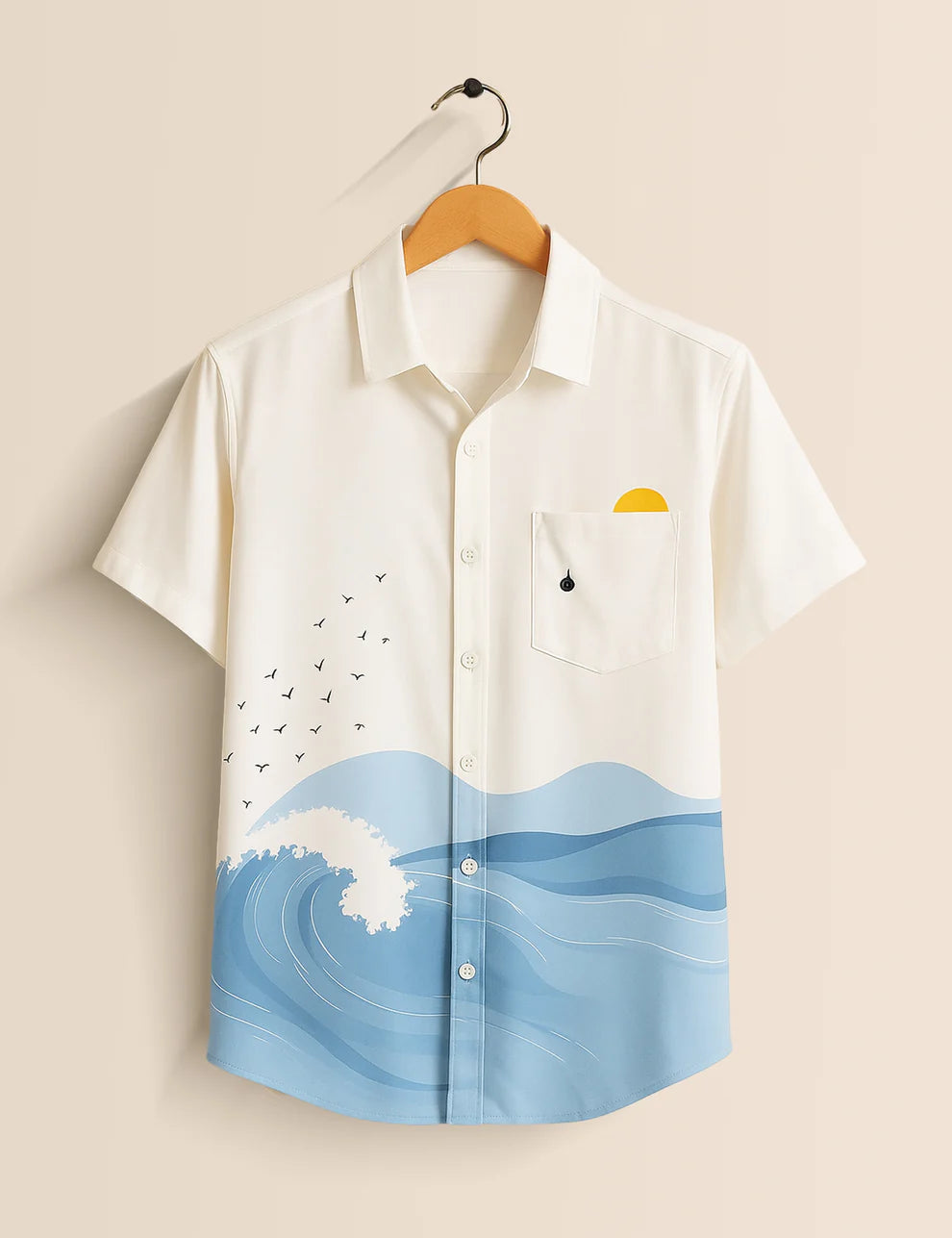 Premium Ocean Wave Printed Shirt – White & Sky Blue Designer Casual Wear