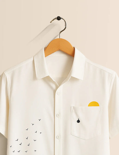 Premium Ocean Wave Printed Shirt – White & Sky Blue Designer Casual Wear