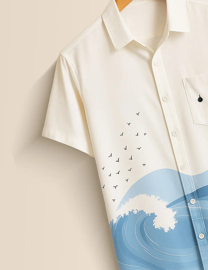 Premium Ocean Wave Printed Shirt – White & Sky Blue Designer Casual Wear