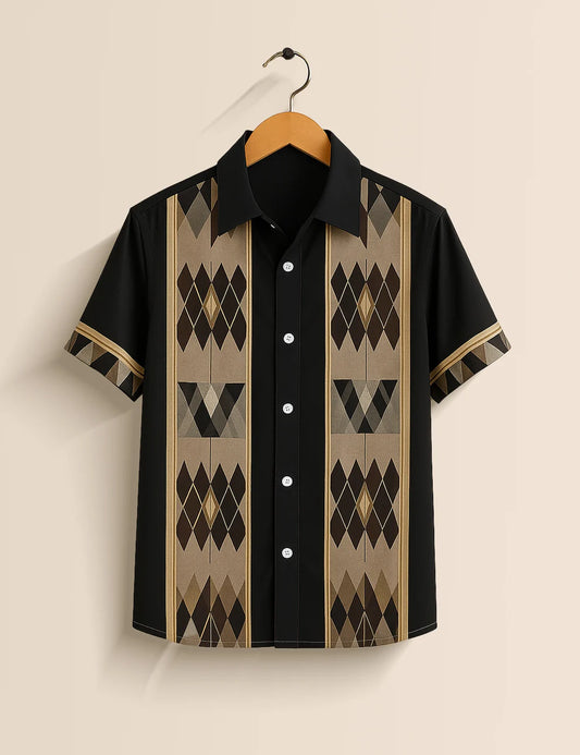 Black Geometric Panel Short Sleeve Shirt – Retro Diamond Pattern Button-Down