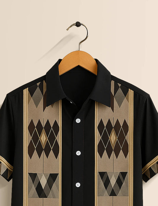 Black Geometric Panel Short Sleeve Shirt – Retro Diamond Pattern Button-Down