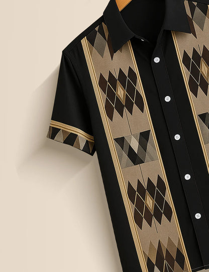Black Geometric Panel Short Sleeve Shirt – Retro Diamond Pattern Button-Down