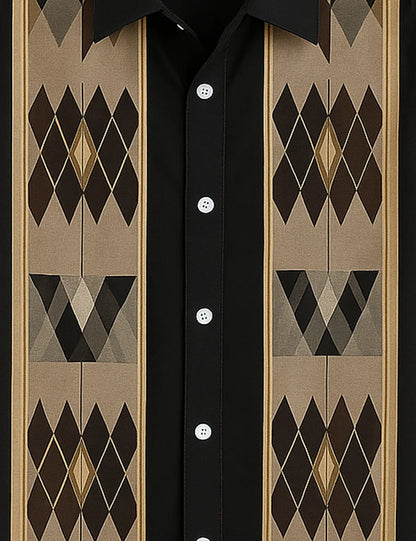 Black Geometric Panel Short Sleeve Shirt – Retro Diamond Pattern Button-Down