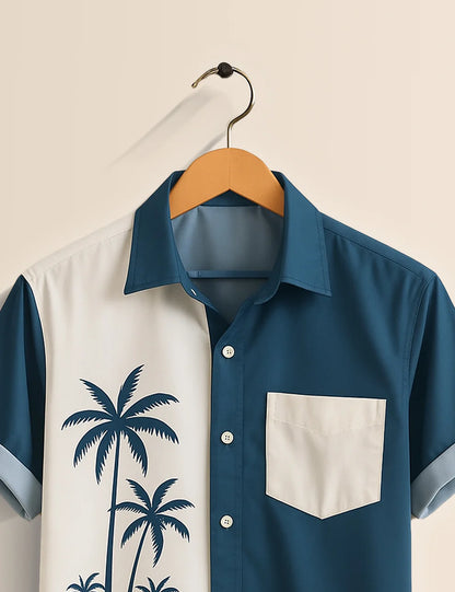 Premium Palm Tree Printed Shirt – Blue & White Designer Casual Wear