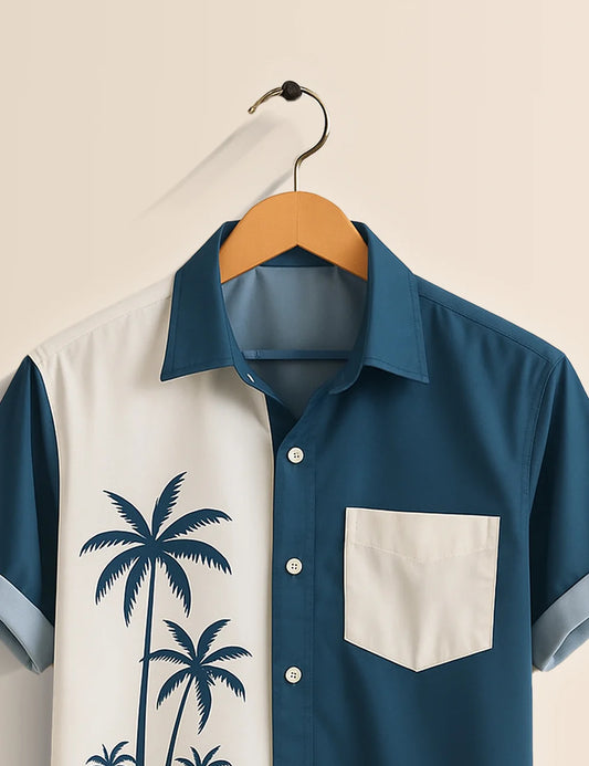 Premium Palm Tree Printed Shirt – Blue & White Designer Casual Wear