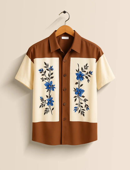 Brown & Cream Floral Panel Short Sleeve Shirt – Vintage Botanical Button-Down