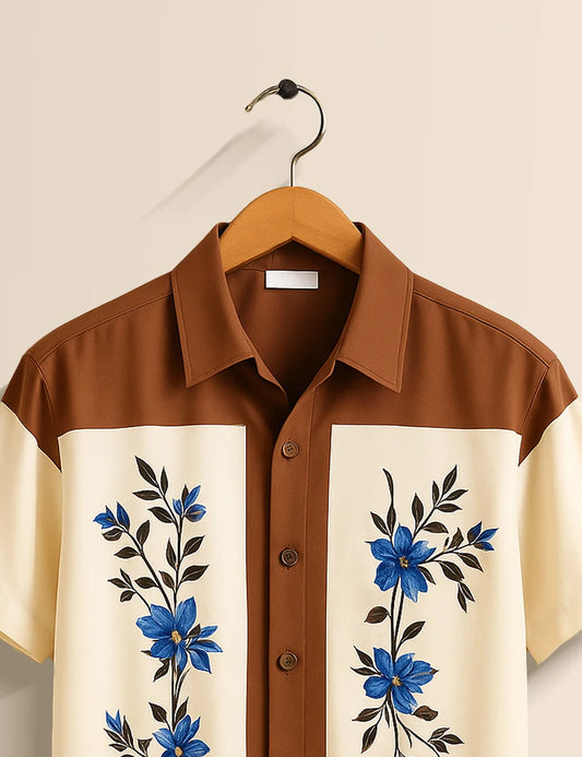 Brown & Cream Floral Panel Short Sleeve Shirt – Vintage Botanical Button-Down